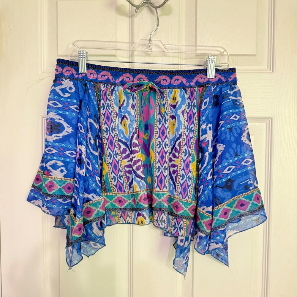 Zara Womens Blue Ikat Print Handkerchief Hem Mini Skirt Size Medium Boho Summer